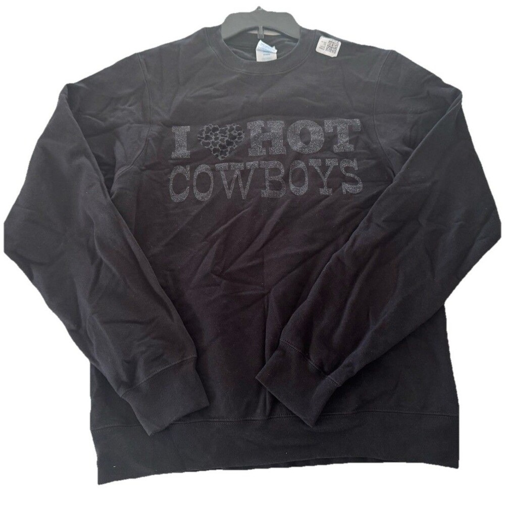 I Love Hot Cowboys Cow Print Heart Western Sweatshirt Long Sleeve Shirt size S